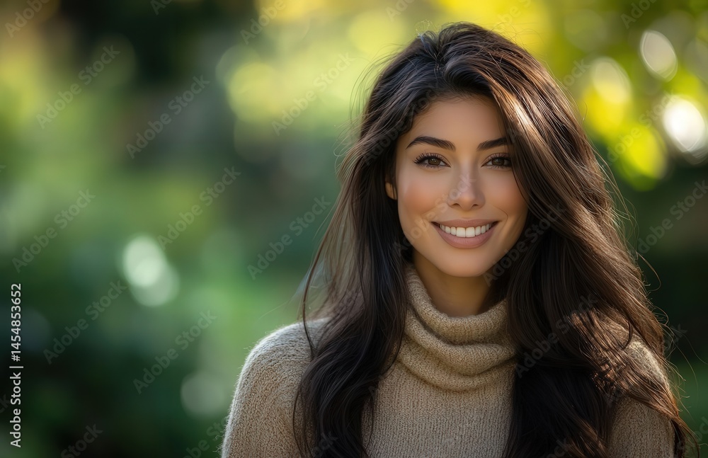 Portrait of a smiling woman with long brown hair in a beige sweater, standing in a green park with blurred background, soft lighting, vibrant colors, cinematic style. Portrait of a smiling woman with long brown hair in a beige sweater, standing in a green park with blurred background, soft lighting, vibrant colors, cinematic style.