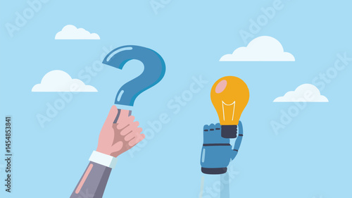 Human hand robot brainstorming ideas solving problems together Blue sky