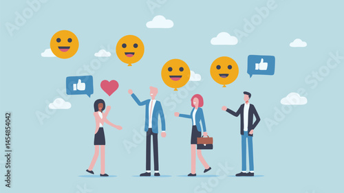 Happy team celebrates success positive feedback upbeat mood flat design pastel