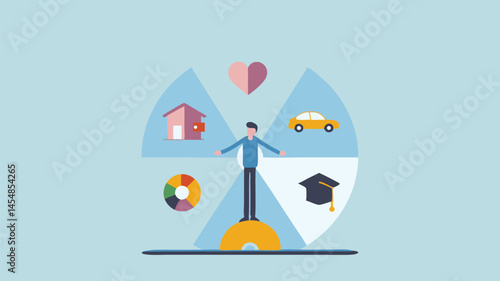 Man balancing life s essentials home car love education and fun illustrated in a