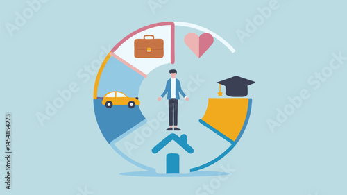 Man achieving life goals career love home car education Simple illustration