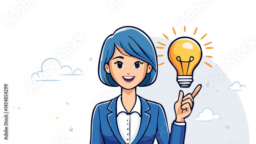 Businesswoman with Idea PNG – Female Character Pointing with Light Bulb Concept and Transparent Background