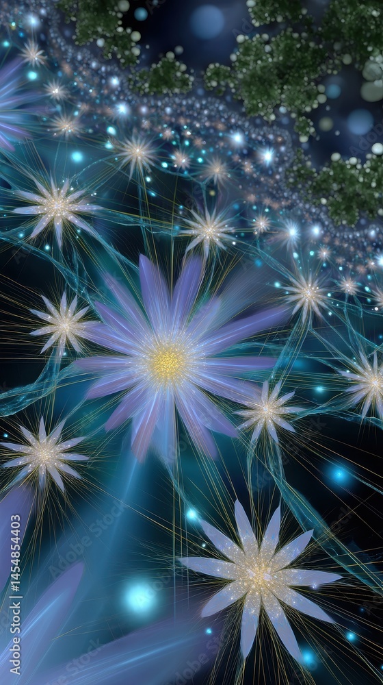 Abstract floral pattern, fantastical blossoms in cool tones, with sparkling details, evoking a dreamlike botanical atmosphere Abstract floral pattern, fantastical blossoms in cool tones, with sparkling details, evoking a dreamlike botanical atmosphere