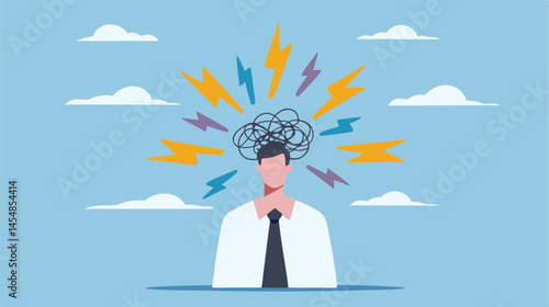 Overwhelmed businessman tangled thoughts stress anxiety mental health cartoon