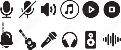 Music Icon Set, Sound check, Mic, Music making, Electric guitar,Sound, Volume, Mute, Music, Sound Wave,Frequency, Mixer, Speaker, Microphone, Earphones, Headphones Vector illustration