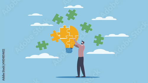 Man assembles idea puzzle innovative solution bright future vector illustration