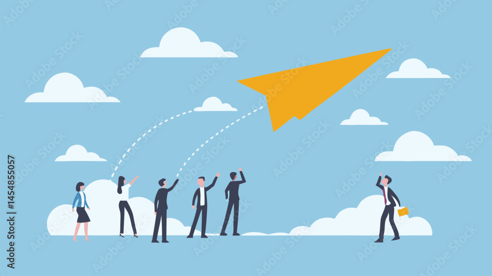 Team launching paper airplane achieving goals success collaboration blue sky Team launching paper airplane achieving goals success collaboration blue sky