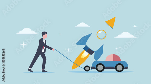 Businessman pushing broken rocket in a car startup failure flat design