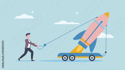 Businessman pulls rocket to success overcoming challenges startup journey vector