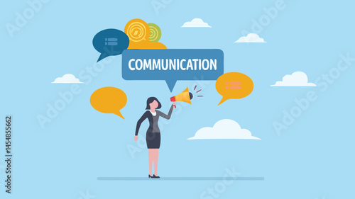Woman announces communication vital message loud speaker bright sky flat design