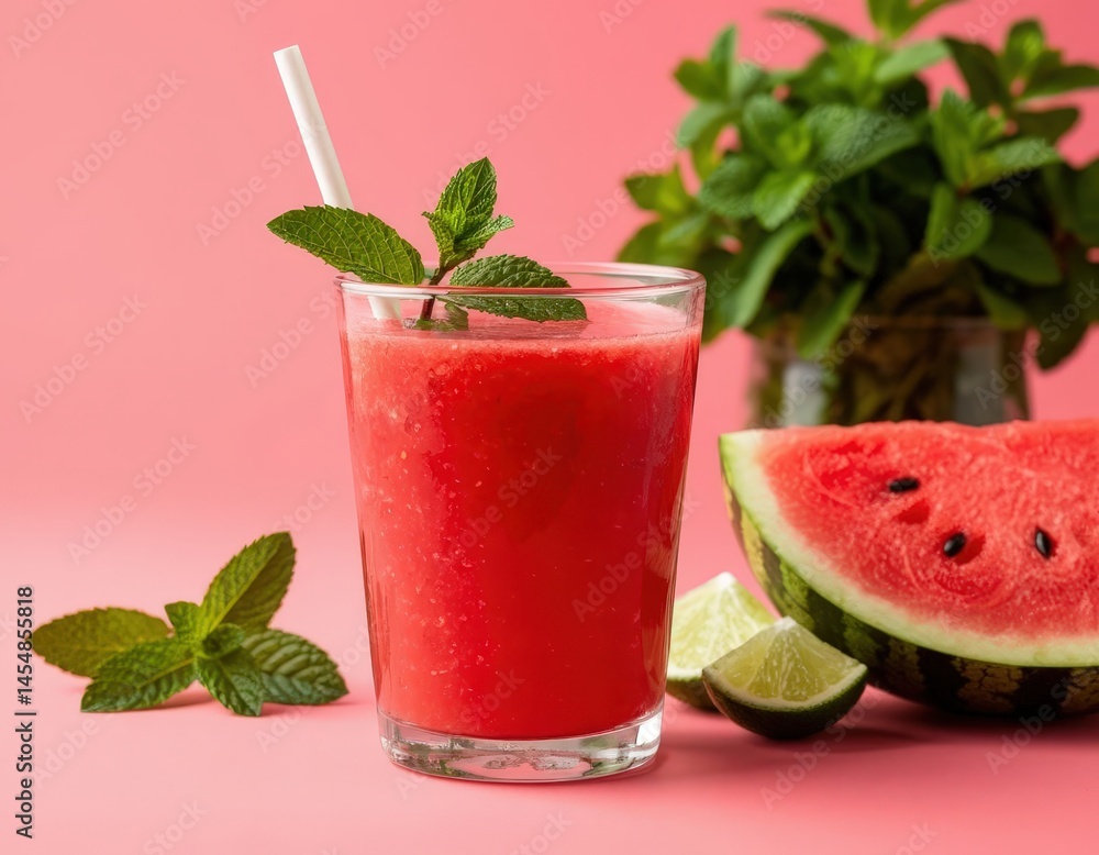 Bright red watermelon juice in a clear glass with mint leaves, evoking a summer atmosphere. Bright red watermelon juice in a clear glass with mint leaves, evoking a summer atmosphere.