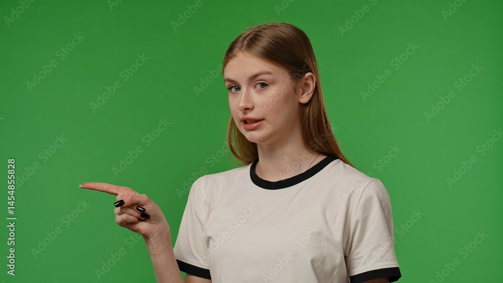 Teenage girl posing at camera smiling and pointing finger at side, positive expression, isolated on chroma key green screen studio background mockup. Teenage girl posing at camera smiling and pointing finger at side, positive expression, isolated on chroma key green screen studio background mockup.