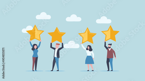 Team achieving top ratings four stars success collaboration illustration vector