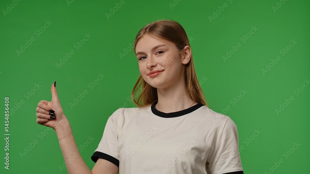 Teenage girl posing at camera smiling and showing thumb up like gesture, positive expression, isolated on chroma key green screen studio background mockup. Teenage girl posing at camera smiling and showing thumb up like gesture, positive expression, isolated on chroma key green screen studio background mockup.