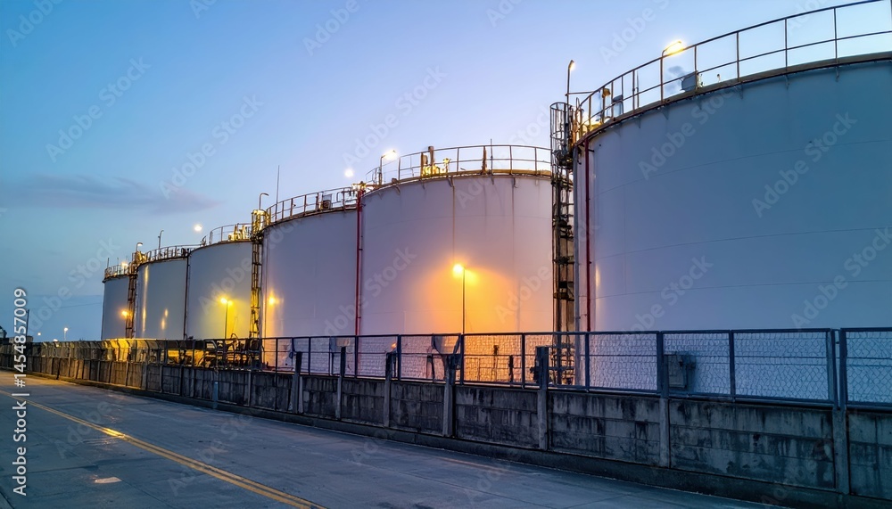 Obraz premium Industrial Storage Tanks at Dusk with Soft Blue Sky and Lights