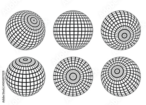 Collection of six black wireframe sphere icons with varying grid distortions, representing 3D geometric designs, isolated on white background.