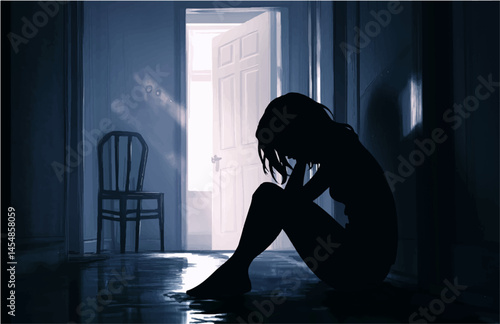 Abused Woman Alone in Dark Room