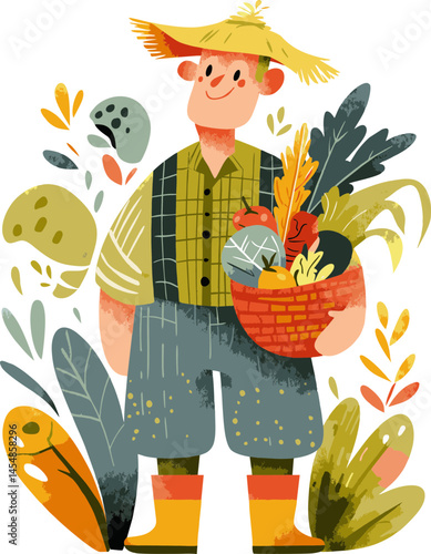  Smiling Asian Farmer Holding Harvest Basket – Naive Style Colorful PNG Illustration for Organic Food Packaging, Eco Campaigns, and Farming Education Projects