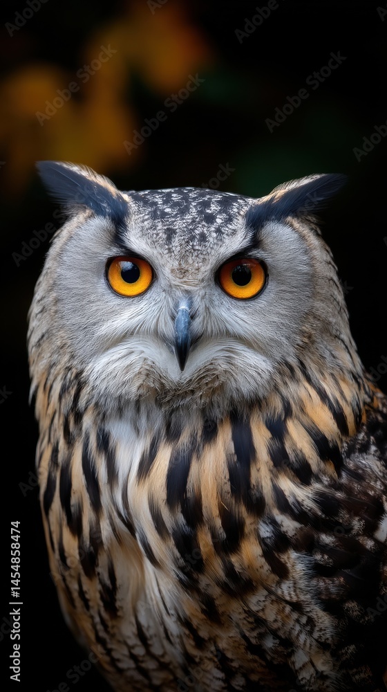Close-up portrait of an owl with striking orange eyes and detailed feather patterns against a dark, soft blurred background. Close-up portrait of an owl with striking orange eyes and detailed feather patterns against a dark, soft blurred background.