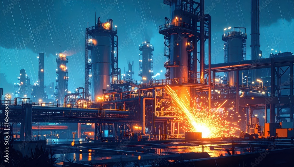 Obraz premium Industrial Facility at Night with Sparks and Rainy Atmosphere