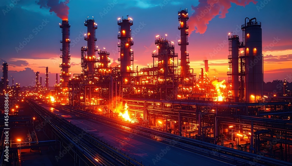 Industrial Complex at Dusk with Flames and Smoke Under Cloudy Sky Industrial Complex at Dusk with Flames and Smoke Under Cloudy Sky