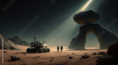 Two astronauts in space suits and rover walking on the Mars