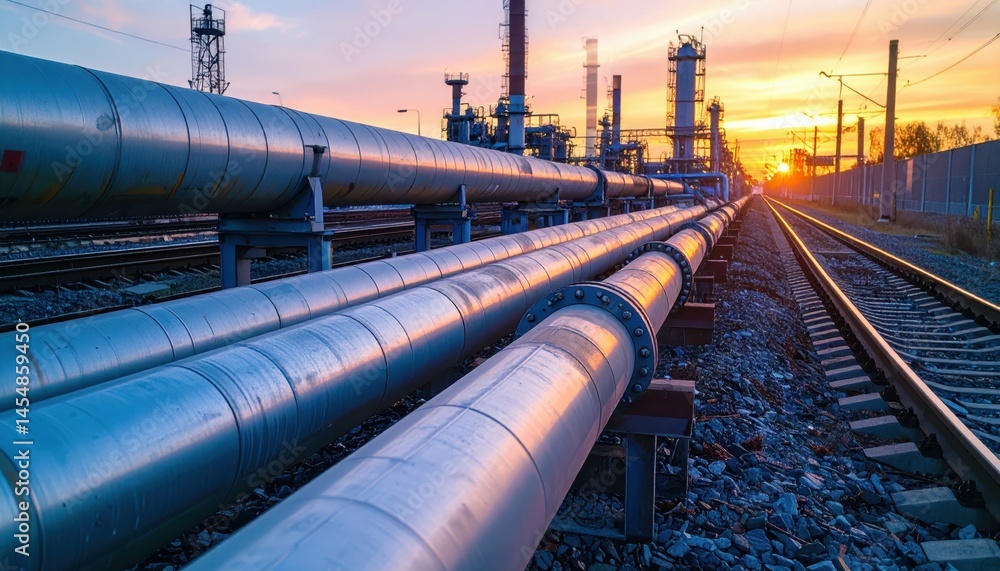 Naklejka premium Pipes and Tracks at Industrial Facility During Sunset Reflection