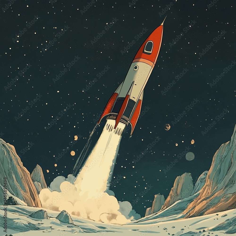 Naklejka premium Cartoon space ship rocket taking off.
