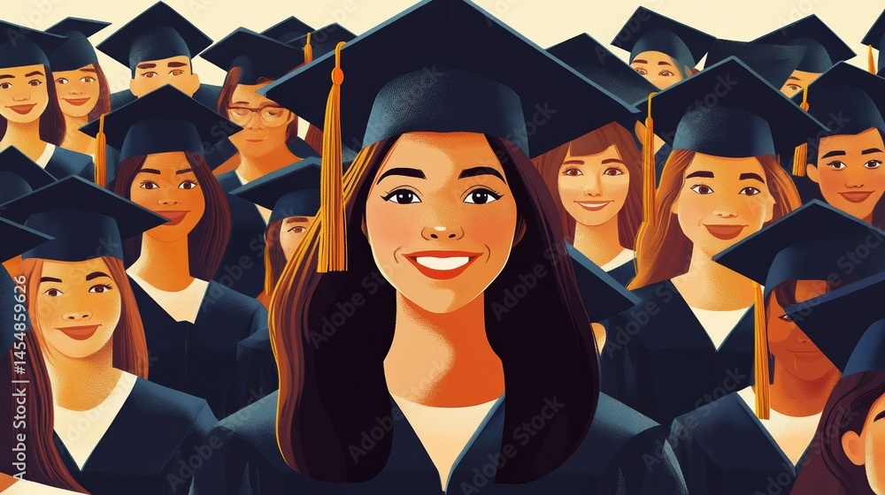 Obraz premium Woman standing out from a graduation group smiling illustration , no logos, no brands
