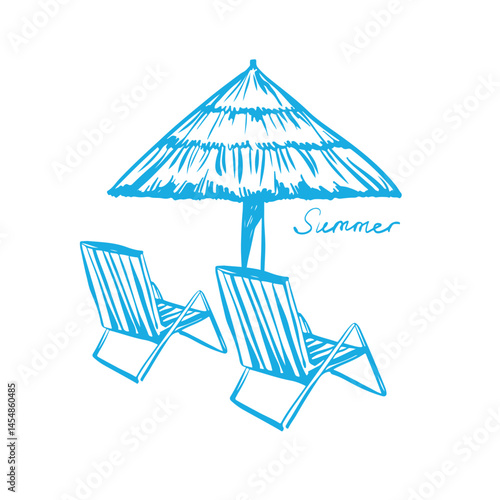 Beach umbrella and two outdoor sun beds in blue color. Outline vector vintage illustration of summer holiday