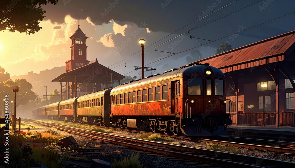Obraz premium Vintage Train at Station During Sunset with Dramatic Sky