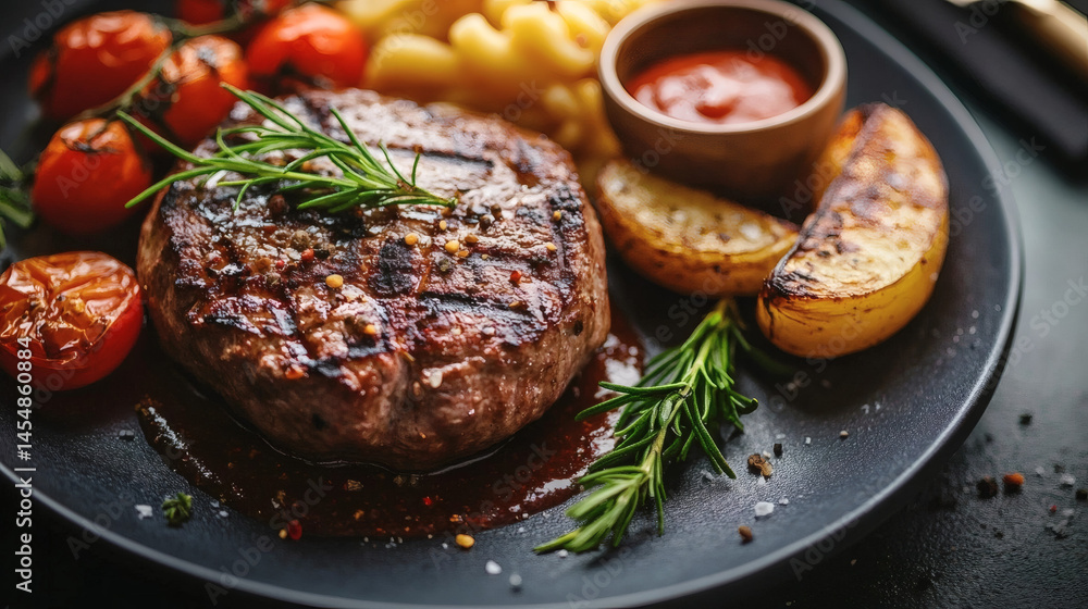 Perfectly Grilled Beef Steak with Roasted Potatoes and Cherry Tomatoes - Gourmet Dinner Plate Perfectly Grilled Beef Steak with Roasted Potatoes and Cherry Tomatoes - Gourmet Dinner Plate