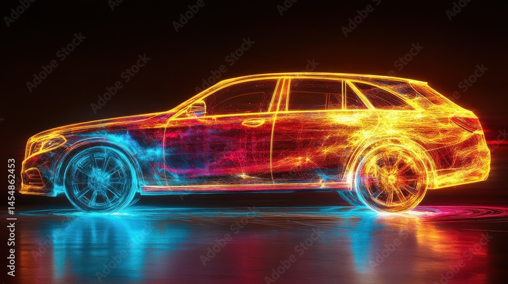 Side view of abstract glowing car. Imagination concept. Double exposure. illustration , no logos, no brands Side view of abstract glowing car. Imagination concept. Double exposure. illustration , no logos, no brands
