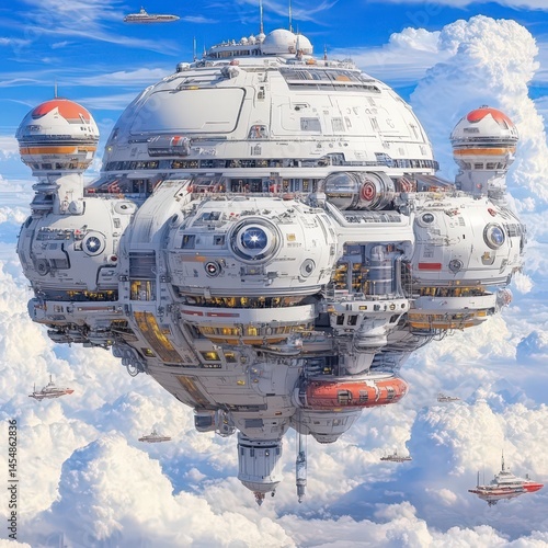 Fototapeta Naklejka Na Ścianę i Meble -  Futuristic Space Station  Cloud City  Sci Fi Outpost  Aerial View  8K  High Resolution   A
