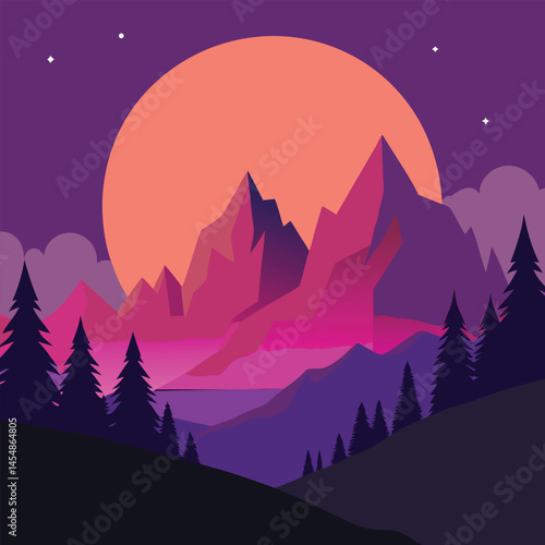 Misty mountains, full moon, winter night