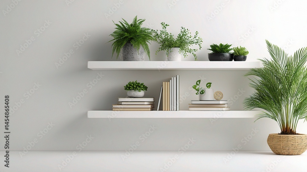 Modern Floating White Wall Shelves Featuring Green Plants and Decor Modern Floating White Wall Shelves Featuring Green Plants and Decor