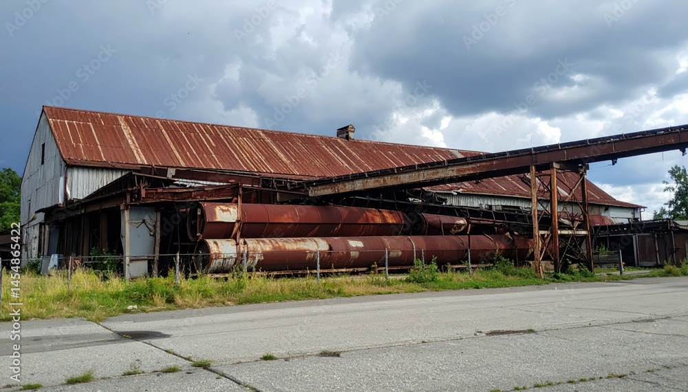 Abandoned Industrial Facility with Rusty Structures and Clouds Abandoned Industrial Facility with Rusty Structures and Clouds