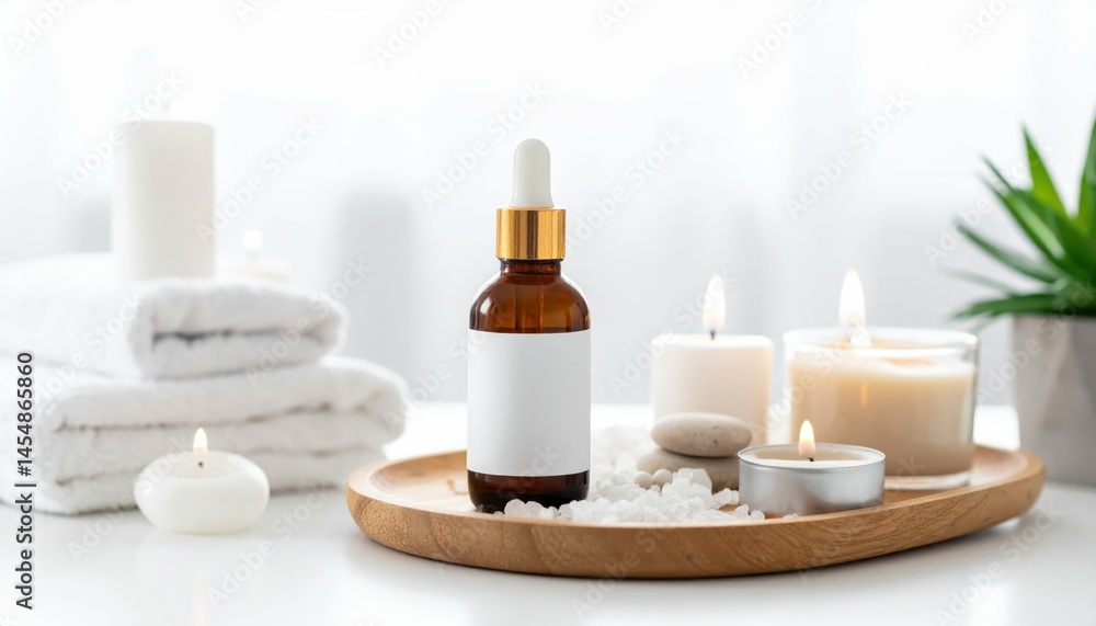 Calm Spa Setting with Essential Oil Bottle and Candles on Tray Calm Spa Setting with Essential Oil Bottle and Candles on Tray