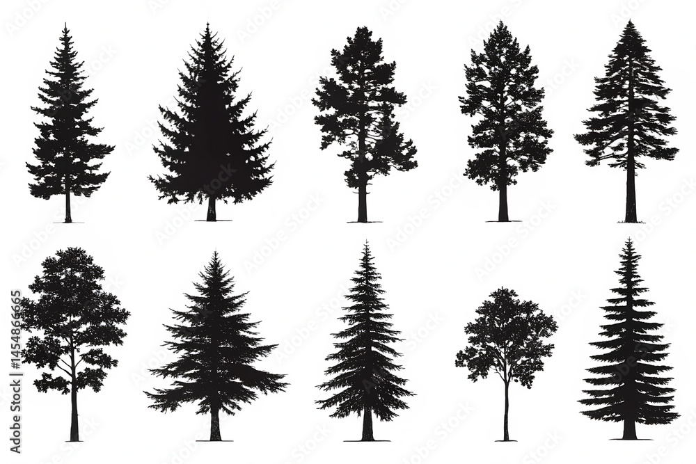 Fototapeta premium Pine and fir silhouettes collection. Forest and park trees. Side view. Monochrome vintage style. Nature vector clipart set. Isolated on white background PNG