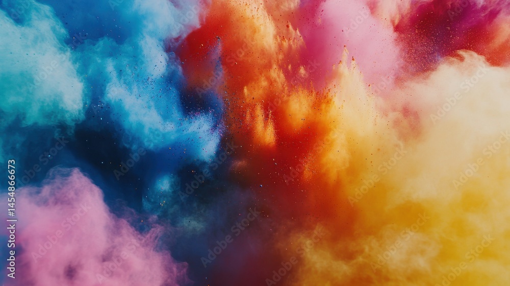 Fototapeta premium Happy Holi colorful background. Festival of colors, colorful rainbow holi paint color powder explosion isolated white wide panorama background.