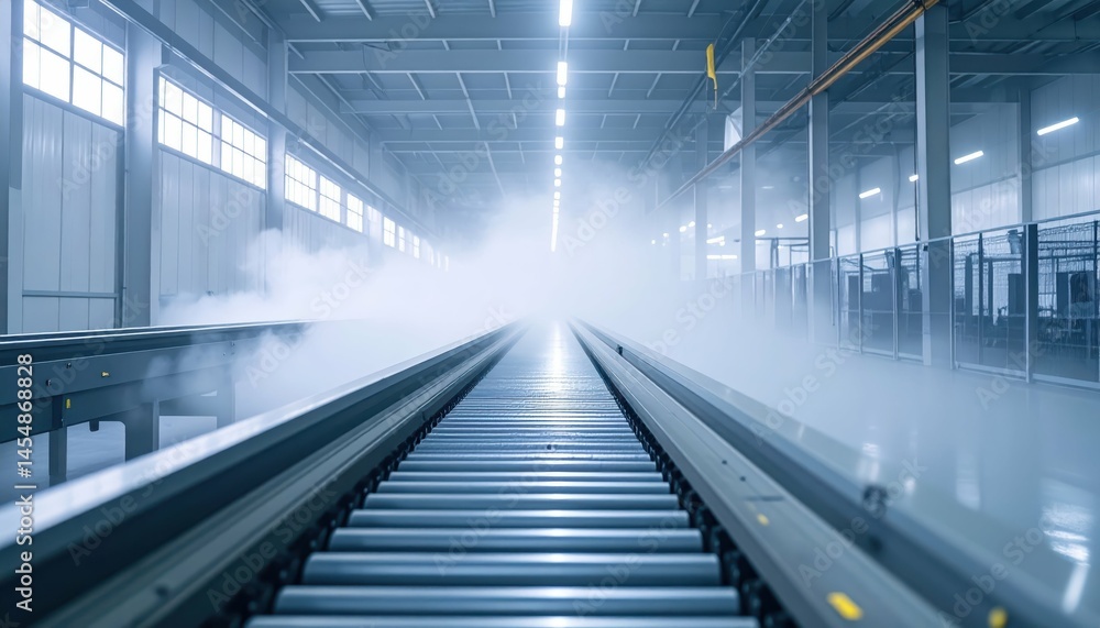 Fototapeta premium Industrial Conveyor Belt in Modern Factory with Mist Effects