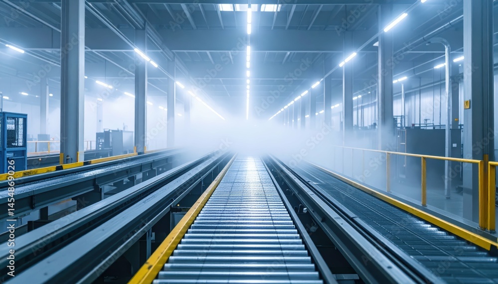 Fototapeta premium Mystical Warehouse with Fog and Illuminated Tracks in Industrial Space