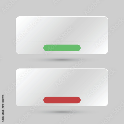 Two horizontal banner size glass like panels with a green and red bar at the center bottom, symbolizing approval and rejection, placed on a clean gray background in a minimalist interface style.