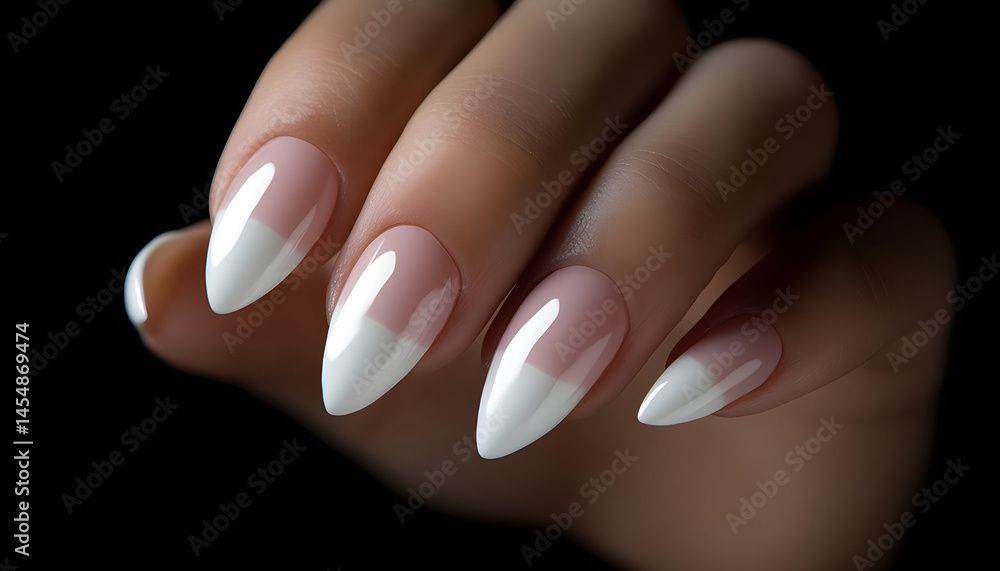 A close-up shot of a woman hand showcasing a classic French manicure with nude or light pink nail beds and crisp white tips A close-up shot of a woman hand showcasing a classic French manicure with nude or light pink nail beds and crisp white tips