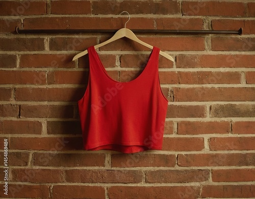 Bright red crop top displayed on a hanger against a rustic brick wall.
