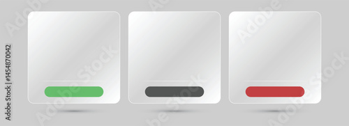 Three Square transparent panels with colored status bars green, black, and red at the bottom, representing different choices or states, on a minimalist gray background.