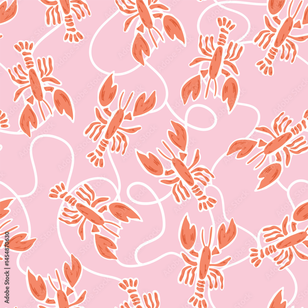 Pink lobster seamless pattern decorated curved line. Cute summer coastal print, ocean beach vibes, repeat background, abstract ornament with sea animal. Vector illustration. Pink lobster seamless pattern decorated curved line. Cute summer coastal print, ocean beach vibes, repeat background, abstract ornament with sea animal. Vector illustration.