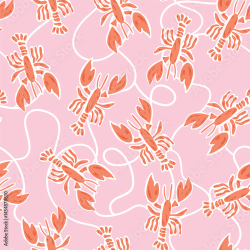 Pink lobster seamless pattern decorated curved line. Cute summer coastal print, ocean beach vibes, repeat background, abstract ornament with sea animal. Vector illustration.