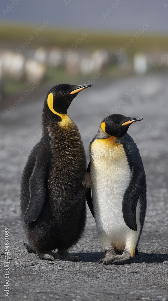 Naklejka premium Two emperor penguins standing next to each other on a gravelly path, their plumage detailed under natural lighting.