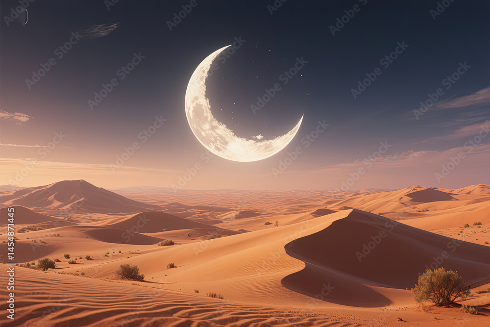 Ramadan moon in desart Image created with Generative AI technology Ramadan moon in desart Image created with Generative AI technology